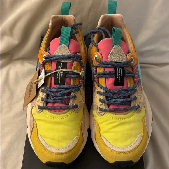 NWT Flower Mountain YAMANO 3 Yellow Light Lime Pink Suede Trainers - Picture 10 of 16